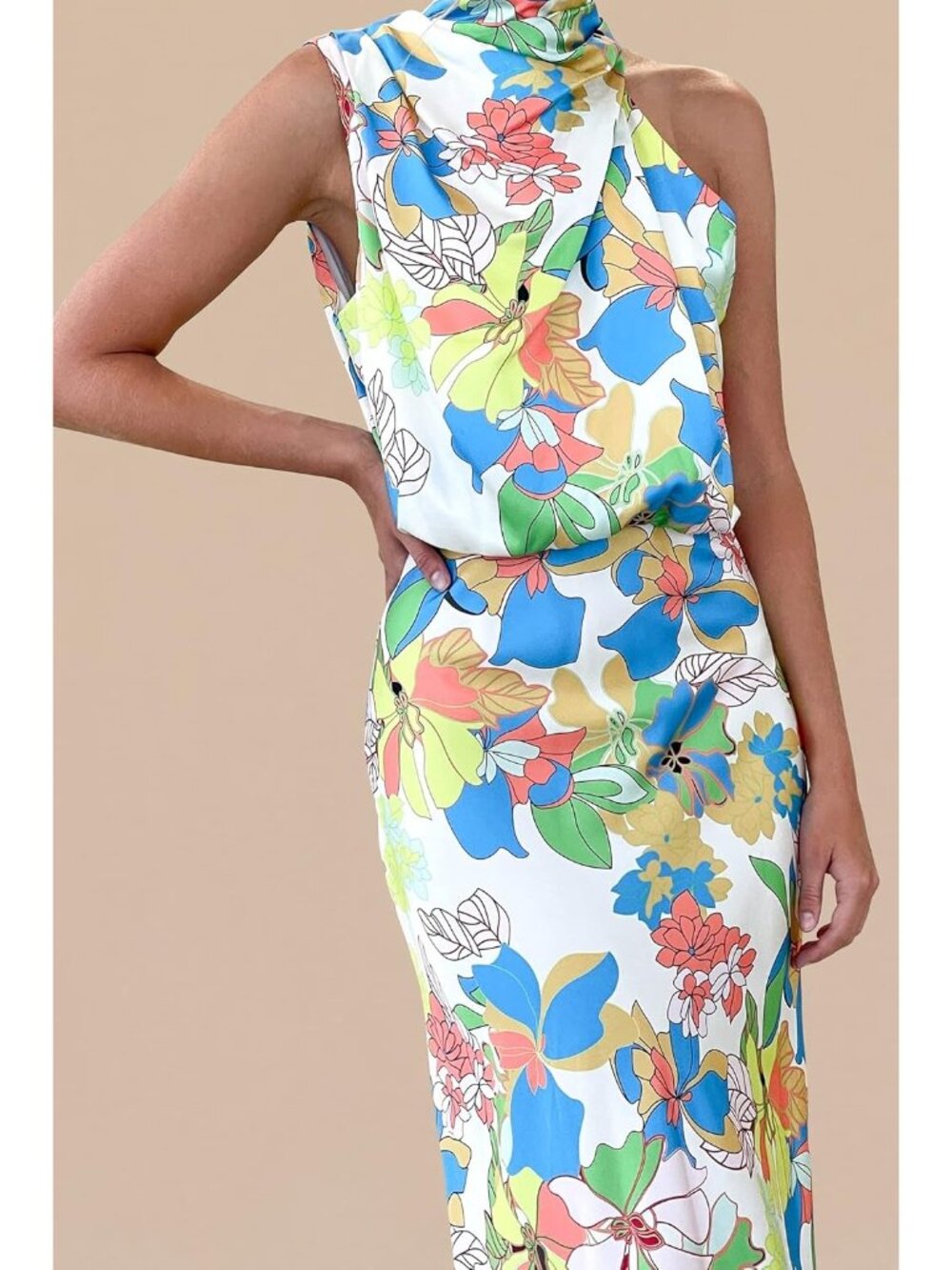 Women Print Multicolored Satin Elegant Sleeveless Mock Neck Cocktail Maxi Dress - Picture 5 of 6